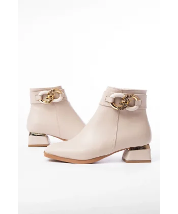 RM-504 Bej Toka Aksesuarlı Topuklu Fermuarlı Günlük Kadın Bot