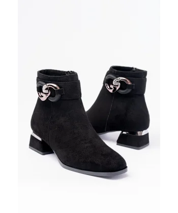 RM-504 Siyah Süet Toka Aksesuarlı Topuklu Fermuarlı Günlük Kadın Bot