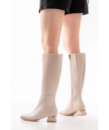 RM-505 Bej Topuklu Fermuarlı Günlük Kadın Çizme