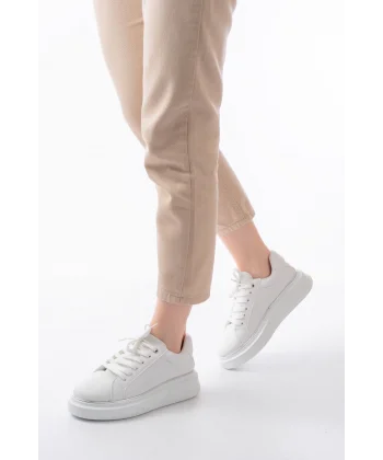 RS-2435 Beyaz Gümüş Bağcıklı Dikişli Günlük Spor Ayakkabı