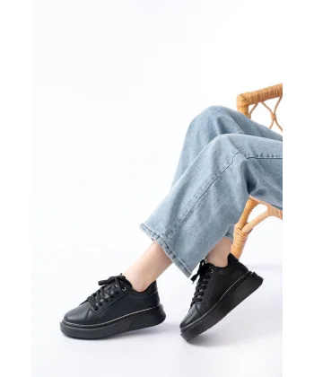 RS-2435 Siyah Platin Bağcıklı Dikişli Günlük Spor Ayakkabı