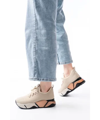 RS-400  Bej Bağcıklı Fileli Renkli Taban Günlük Kadın Spor