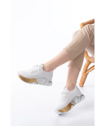 RS-400  Beyaz Bağcıklı Fileli Renkli Taban Günlük Kadın Spor