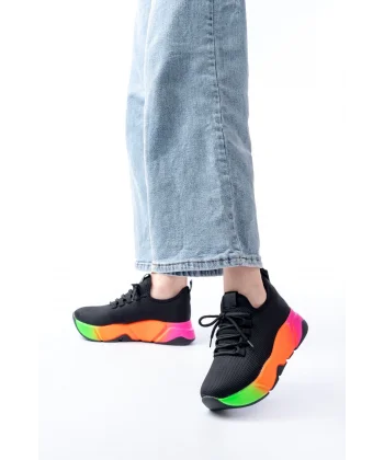 RS-400  Siyah Bağcıklı Fileli Renkli Taban Günlük Kadın Spor