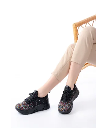 RS-403 Siyah Bağcıklı Fileli Multi Taşlı Günlük Kadın Spor