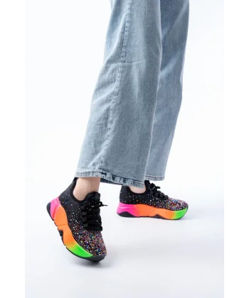 RS-403  Siyah Bağcıklı Fileli Multi Taşlı Renkli Taban Günlük Kadın Spor