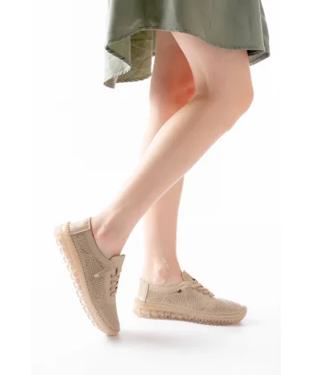 S-365  Bej Desenli Hakiki Deri Şeffaf Taban Kadın Spor Ayakkabı