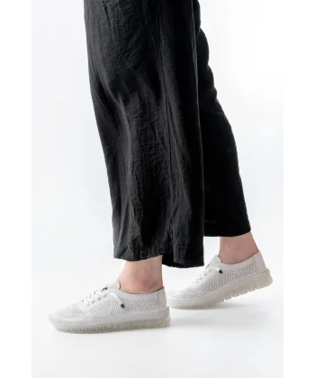 S-365  Beyaz Desenli Hakiki Deri Şeffaf Taban Kadın Spor Ayakkabı