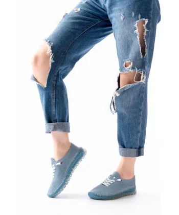 S-365  Mavi Desenli Hakiki Deri Şeffaf Taban Kadın Spor Ayakkabı