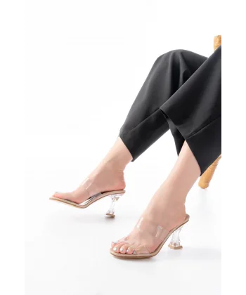 S-618 Bej Rugan Çift Bantlı Topuklu Kadın Terlik