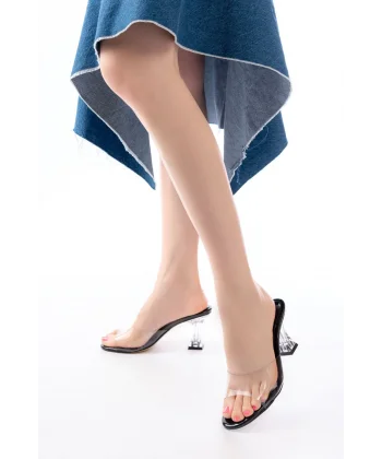 S-619 Siyah Rugan Şeffaf Bantlı Şeffaf Topuklu Yuvarlak Burunlu Kadın Terlik