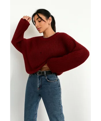 Salaş delik detaylı kazak bordo