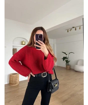 Salaş delik detaylı kazak kırmızı