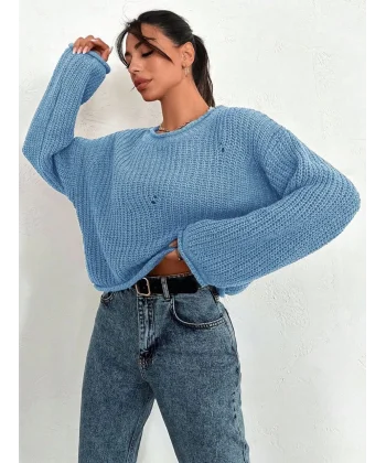 Salaş delik detaylı kazak mavi