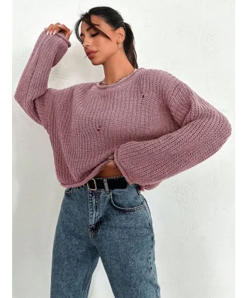 Salaş delik detaylı kazak pembe