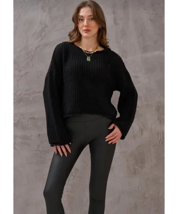 Salaş delik detaylı kazak siyah