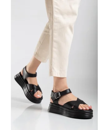 Sibna Siyah Cilt Kemerli Sandalet