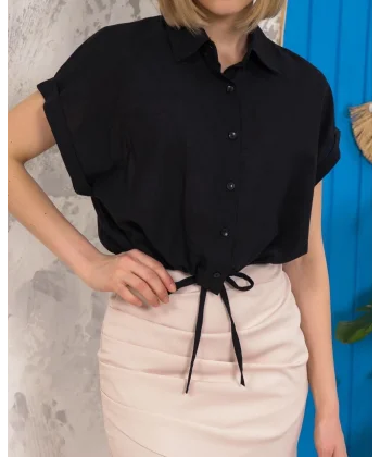 Sıfır kollu bağlamalı crop gömlek siyah s255359