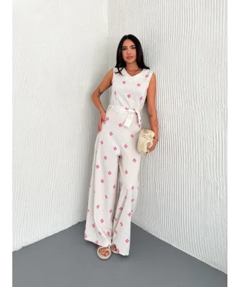 Sırt dekolteli keten beyaz tulum S1036