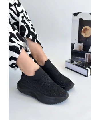 Soord Siyah Triko Boncuk İşlemeli Spor Ayakkabı