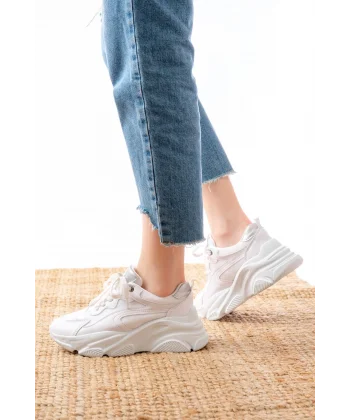 SP-149 Beyaz Gümüş Bağcıklı Fileli Günlük Spor Ayakkabı