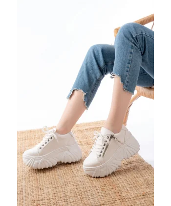 SP-156 Beyaz Bağcıklı Fermuarlı Yüksek Taban Günlük Spor Ayakkabı