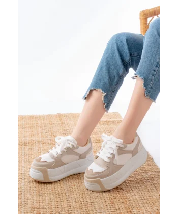 SP-190 Bej Garni Bağcıklı Fileli Yüksek Taban Günlük Spor Ayakkabı