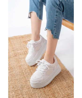 SP-190 Beyaz Garni Bağcıklı Fileli Yüksek Taban Günlük Spor Ayakkabı