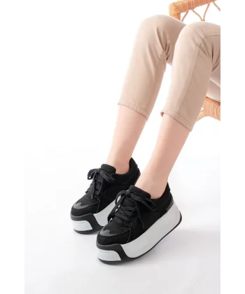 SP-190 Siyah Garni Bağcıklı Fileli Yüksek Taban Günlük Spor Ayakkabı