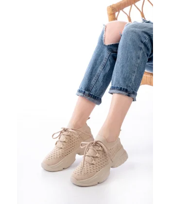 SP-2024 Bej Günlük Bağcıklı Fileli Taş Aksesuarlı Kadın Spor Ayakkabı