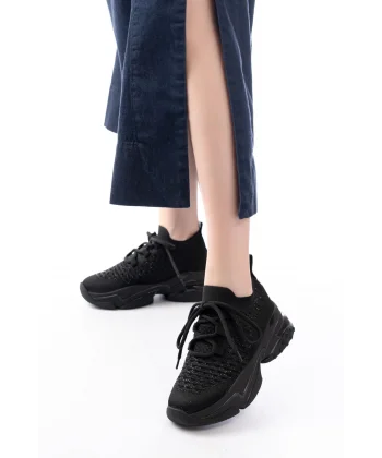 SP-2024 Siyah Günlük Bağcıklı Fileli Taş Aksesuarlı Kadın Spor Ayakkabı