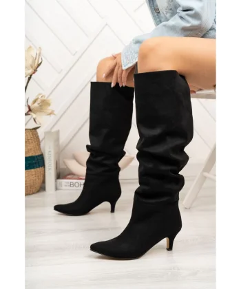 SR-2001 Siyah Süet Körüklü İnce Topuklu Günlük Bayan Çizme