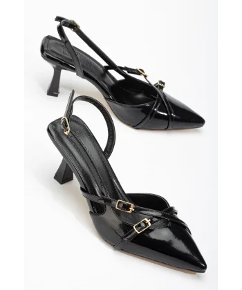 ST-005 Siyah Rugan Günlük 7 cm Topuklu Bayan Ayakkabı