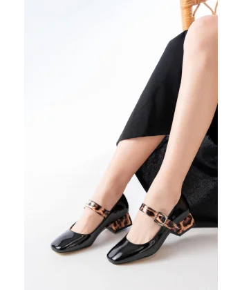 ST-006 Siyah Leopar Rugan Günlük 4 cm Topuklu Bayan Ayakkabı