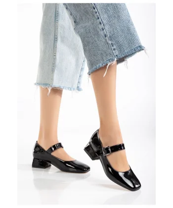 ST-006 Siyah Rugan Günlük 4 cm Topuklu Bayan Ayakkabı