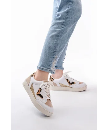 SV-01 Beyaz Leopar Desenli Bağcıklı Kadın Spor Ayakkabı