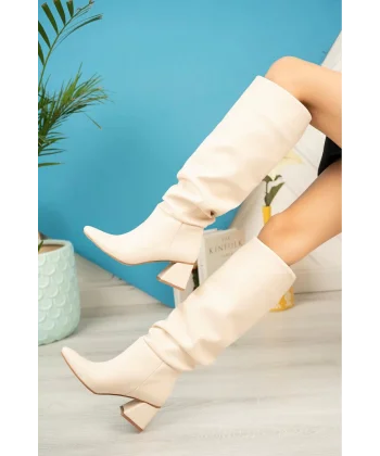 SYT-2002 Bej Körüklü Kalın Topuklu Günlük Bayan Çizme