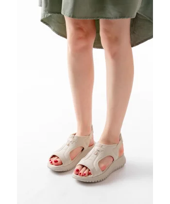 T-221 Bej  Spring Paraşüt Kumaş Lastikli Ortopedik Kadın Sandalet