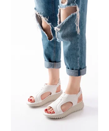 T-221 Beyaz  Spring Paraşüt Kumaş Lastikli Ortopedik Kadın Sandalet