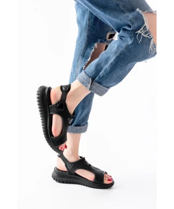 T-221 Siyah Spring Paraşüt Kumaş Lastikli Ortopedik Kadın Sandalet