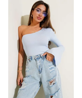 Tek Omuzlu Basic Bluz Mavi T4275