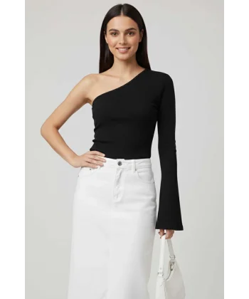 Tek Omuzlu Basic Bluz Siyah T4275