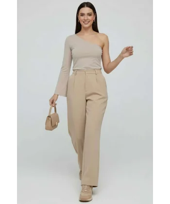 Tek Omuzlu Basic Bluz Vizon T4275