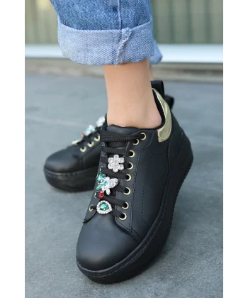 Tenya Siyah Cilt Taşlı Bağcıklı Spor Ayakkabı