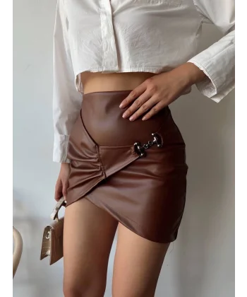 Tokalı deri etek kahve s240097