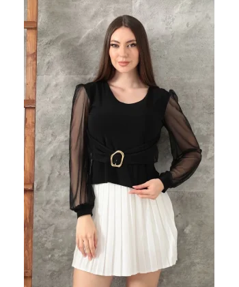 Tokalı tül kollu bluz siyah t4071