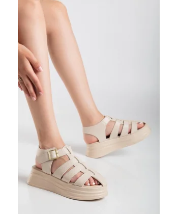 Toten Bej Cilt Kemerli Sandalet