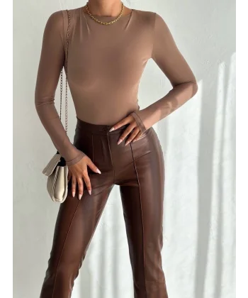 Tül kollu bluz vizon f2252