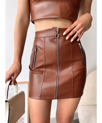 Üç fermuarlı deri etek kahve s24510