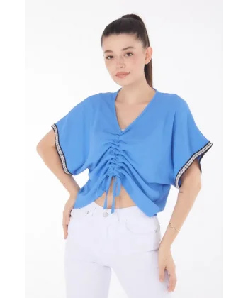 V yaka büzgülü detaylı bluz